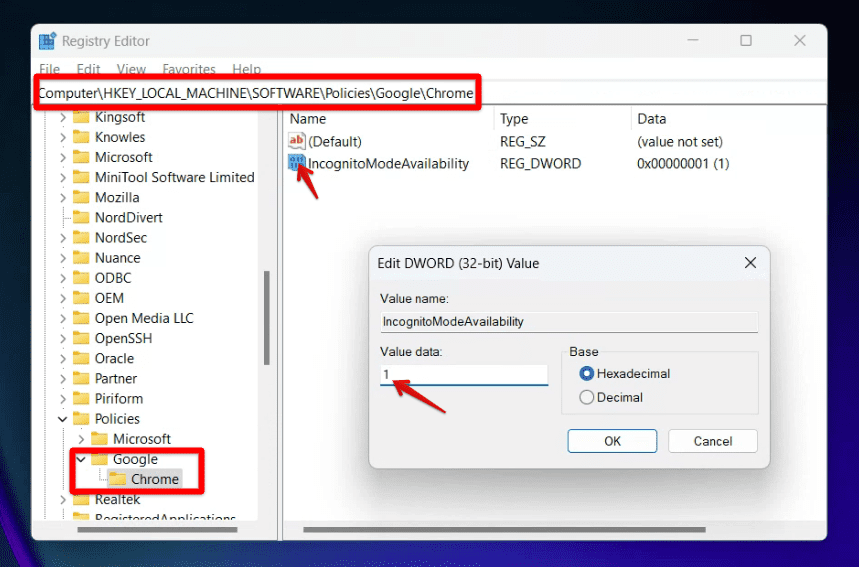 editing windows registry to disable chrome's incognito mode