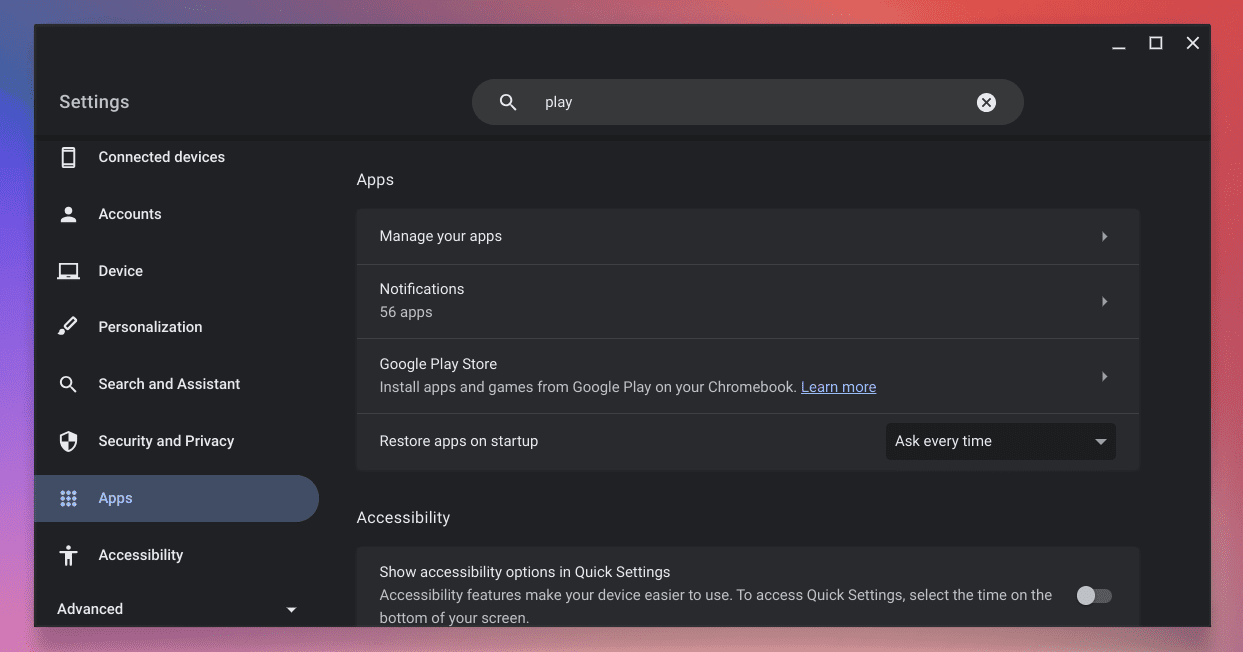 google play store setting in chromeos