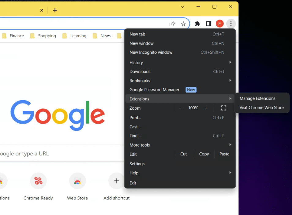 launching chrome extensions manager