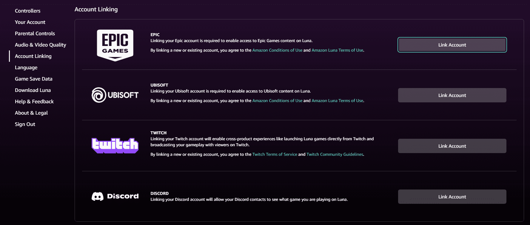 Possible account linking options in Amazon Luna