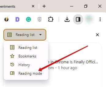 Selecting the "Reading mode" feature from the side panel