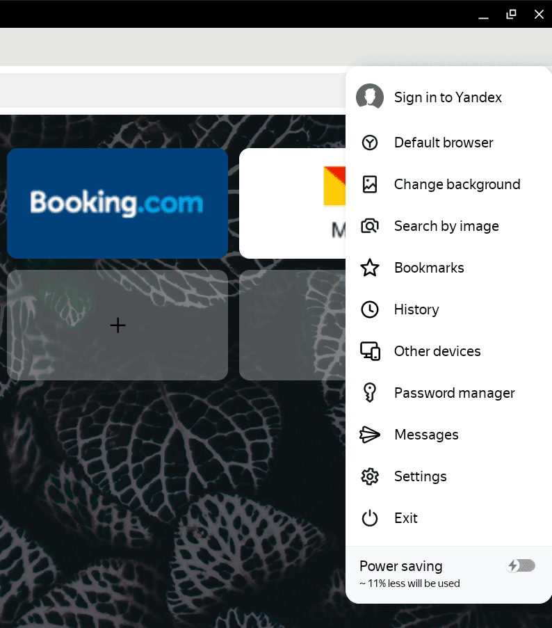 The side panel options bar in Yandex