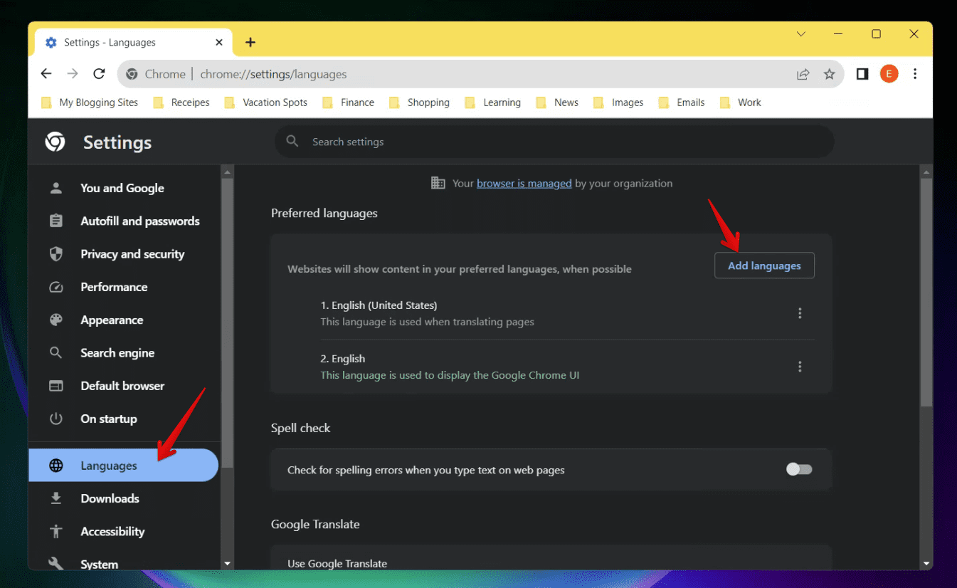 add languages option in google chrome