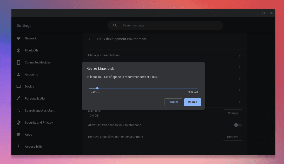 asjusting linux size on chromeos