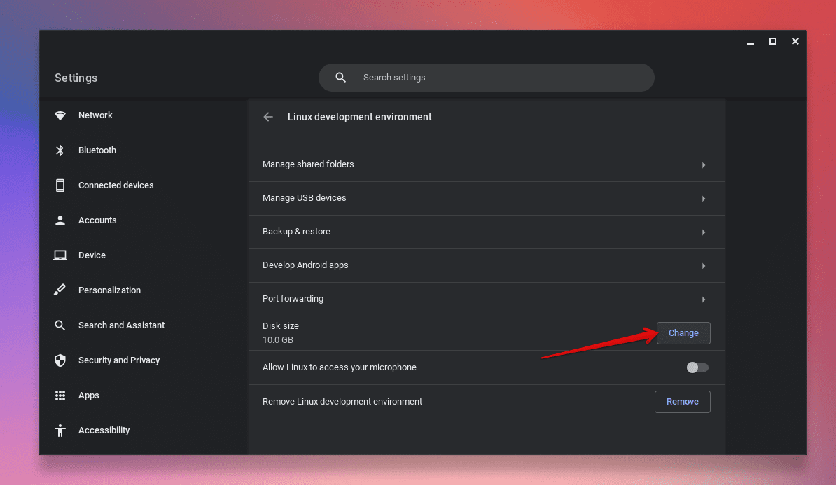 chromeos settings linux size