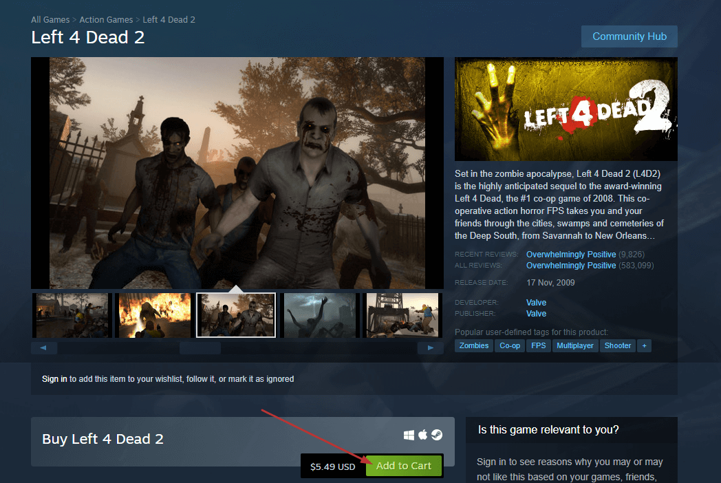 Purchasing Left 4 Dead 2 on Steam