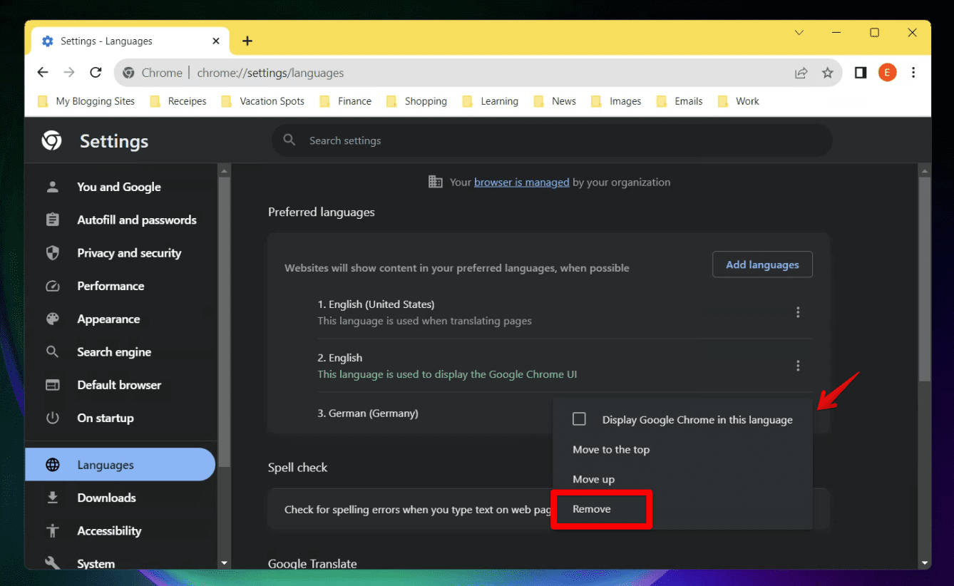 removing a language from google chrome