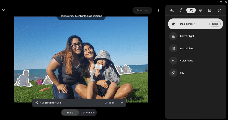 The Magic Eraser functionality in Google Photos on Chromebook Plus
