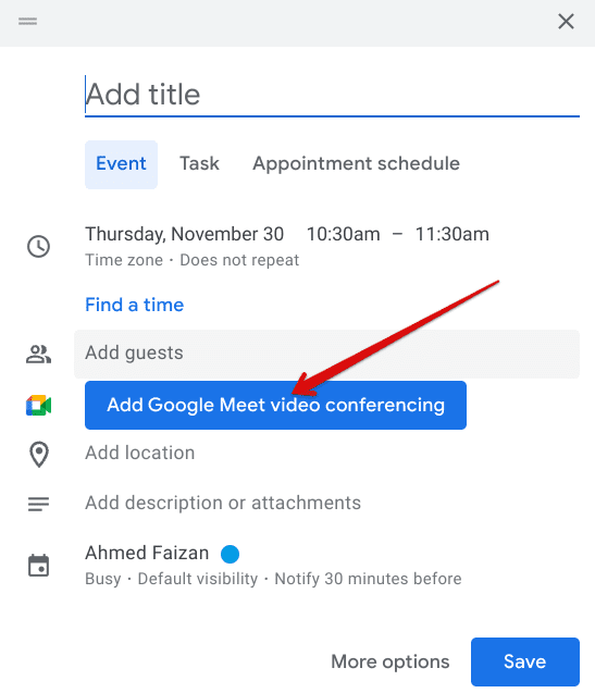 Adding a Google Meet conference to the event