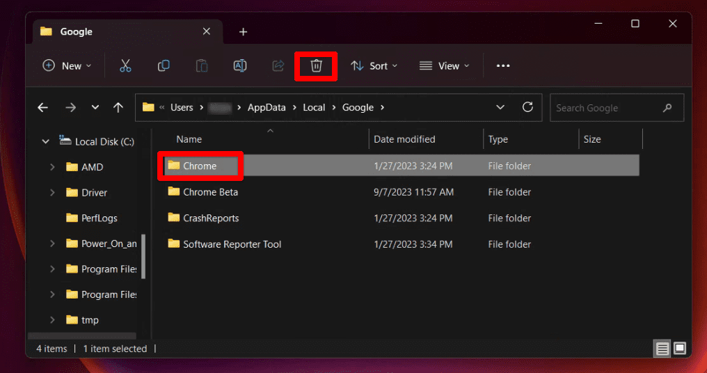 deleting chrome folder from local folder