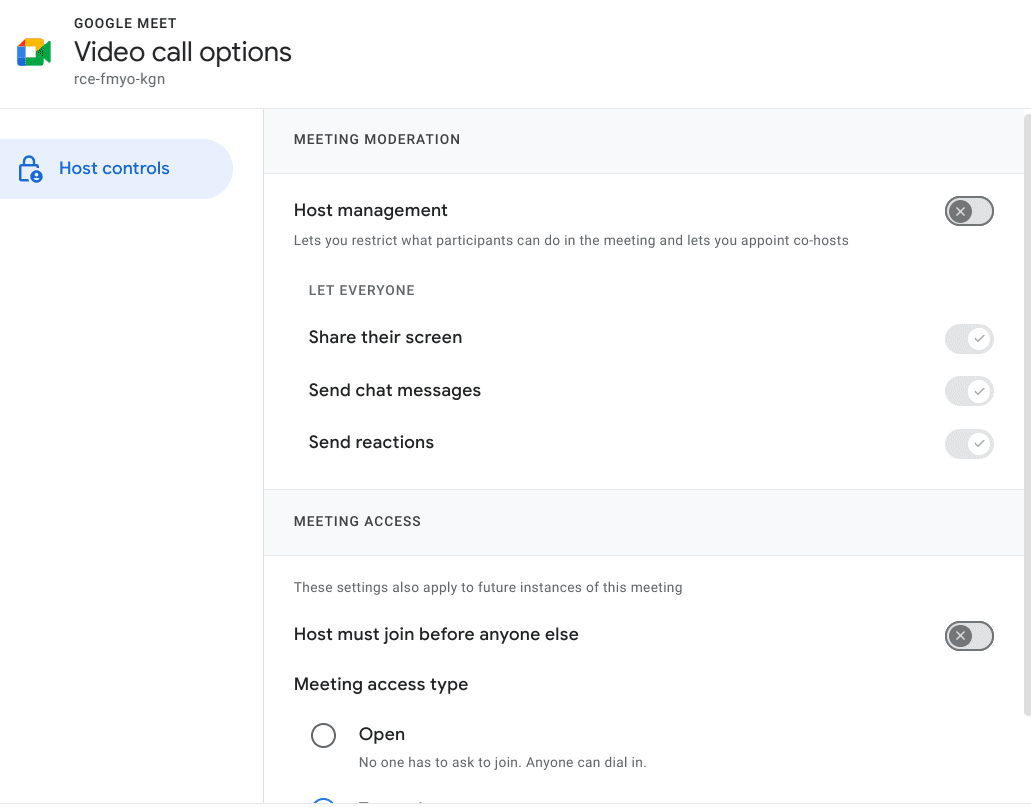 Managing Google Meet "Host controls"