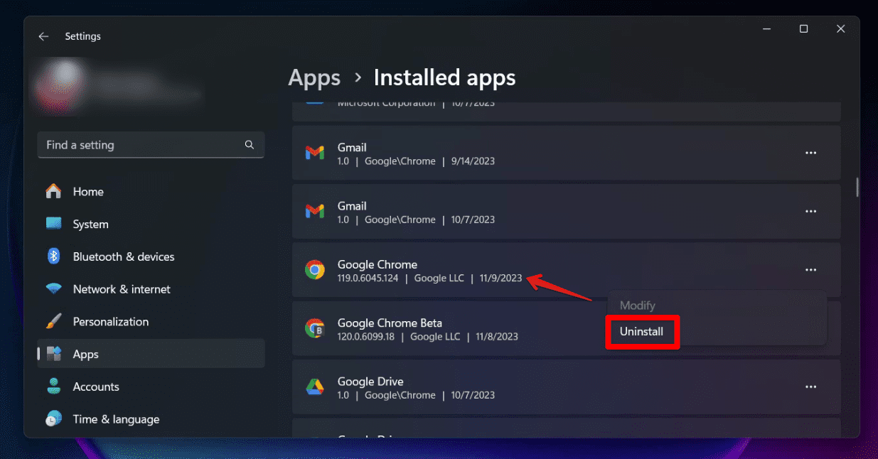 uninstall google chrome in windows