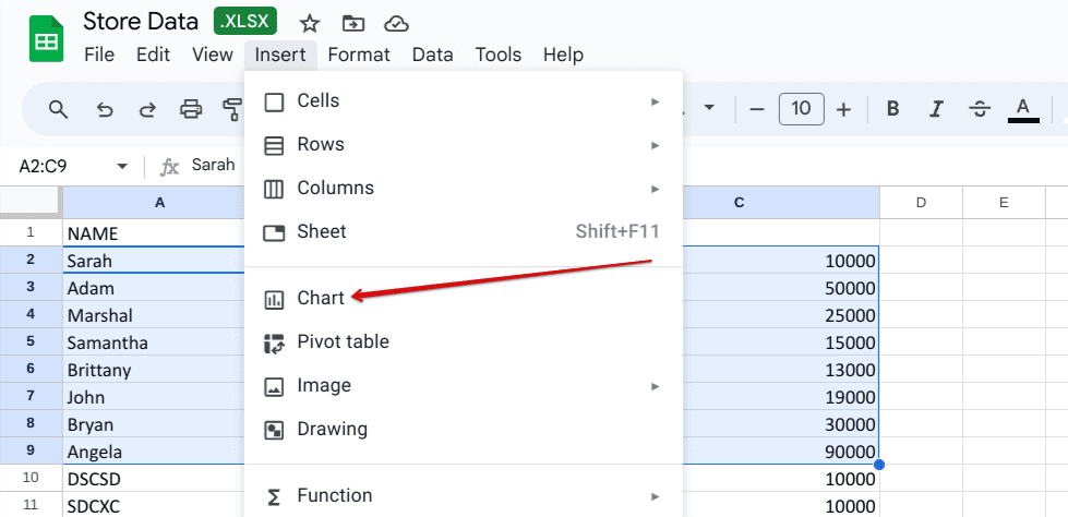 Creating a chart first