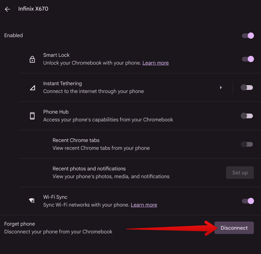 Disconnecting the phone from ChromeOS
