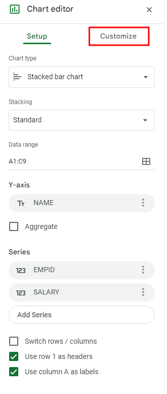 Selecting the Customize tab