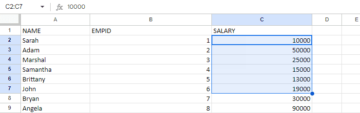Selecting the cells in Sheets