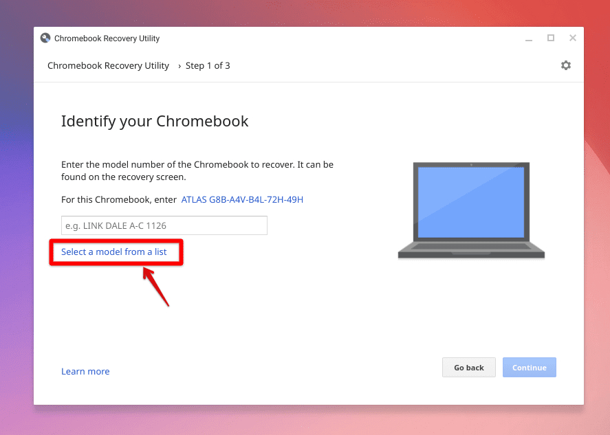 chromebook recovery utility select a model from a list