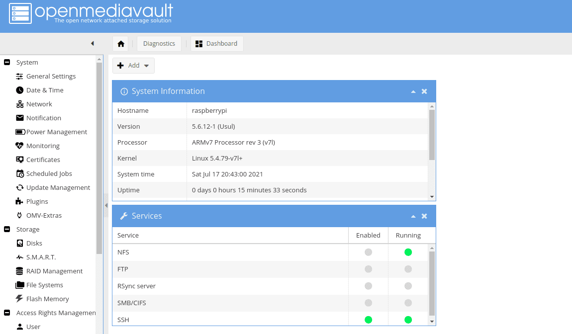 openmediavault conntrol panel