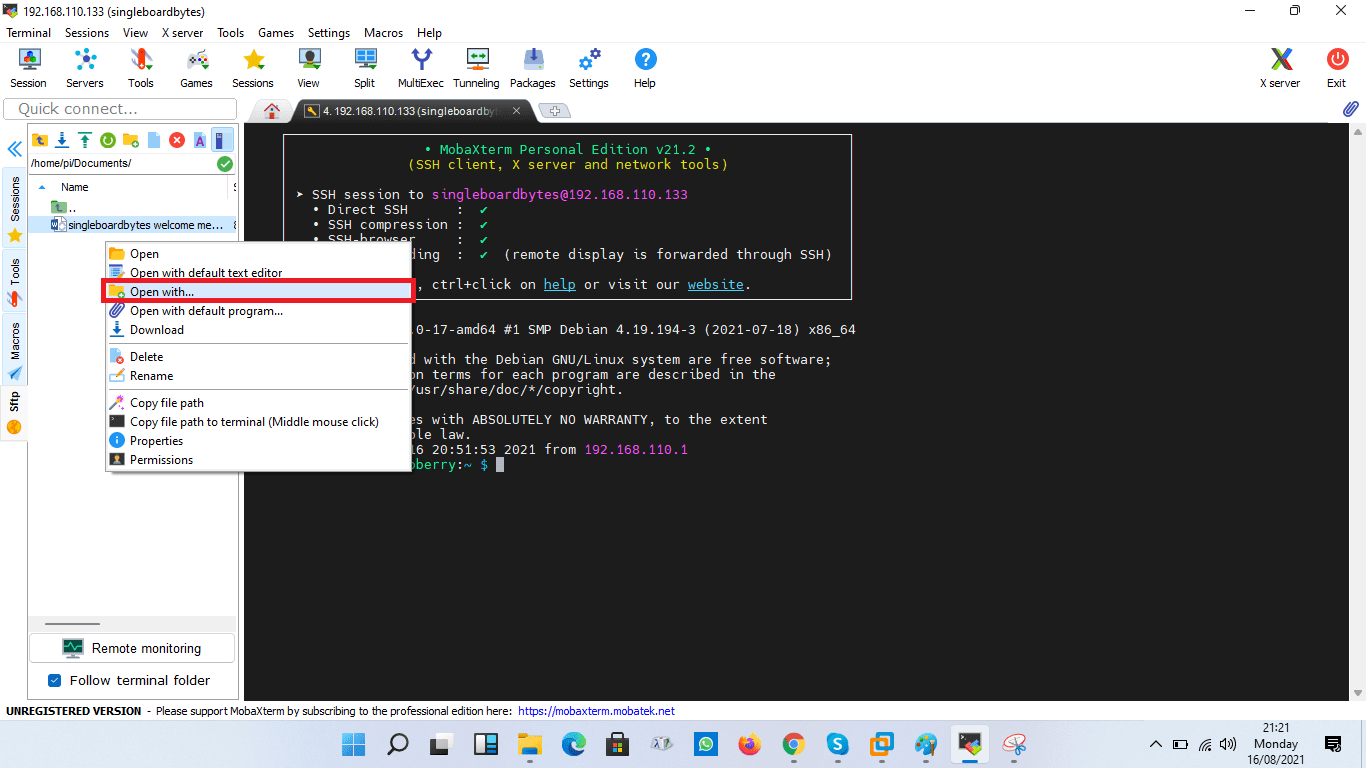 mobaxterm edit text using the open with function