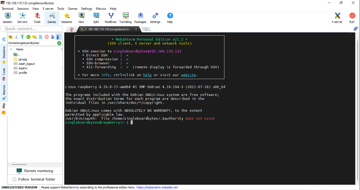 mobaxterm successfully connected to raspberry pi