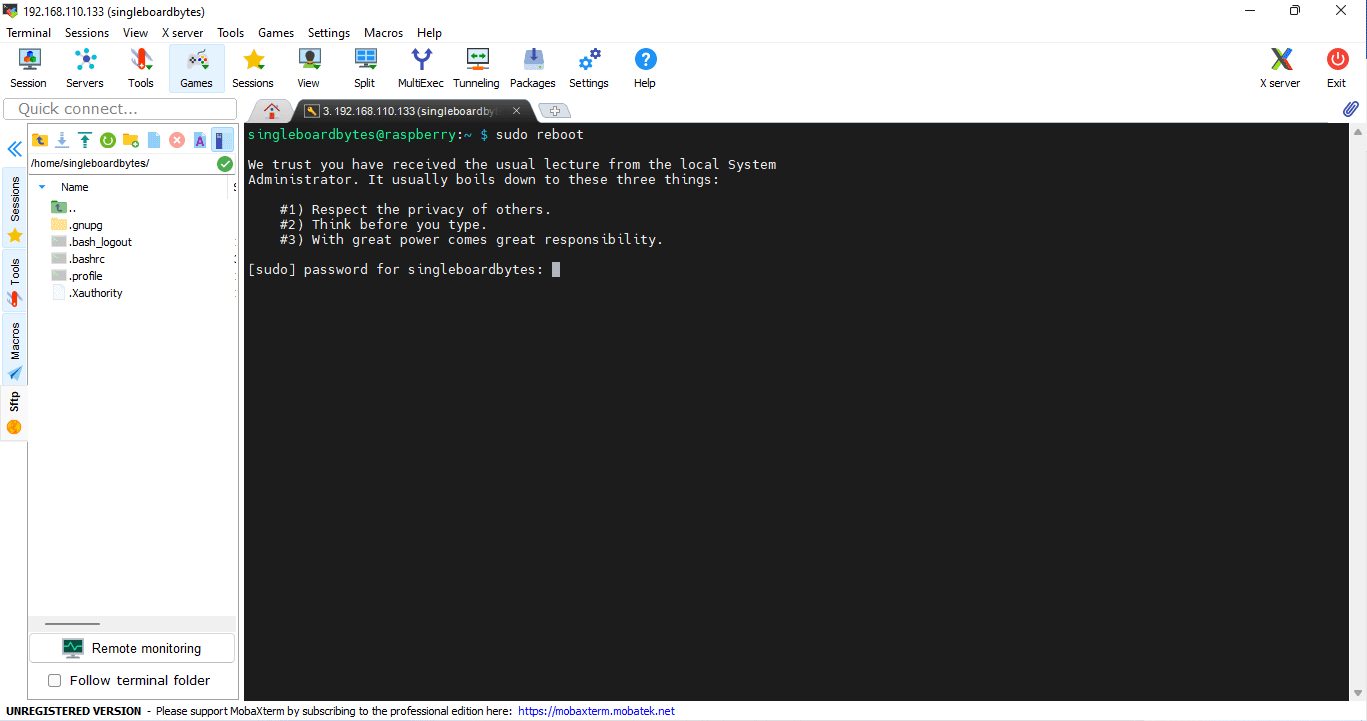 rebooting and reconnecting the raspberry pi using mobaxterm