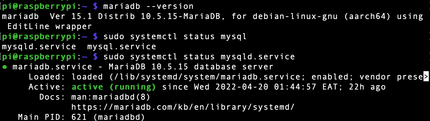 mariadb version and service status