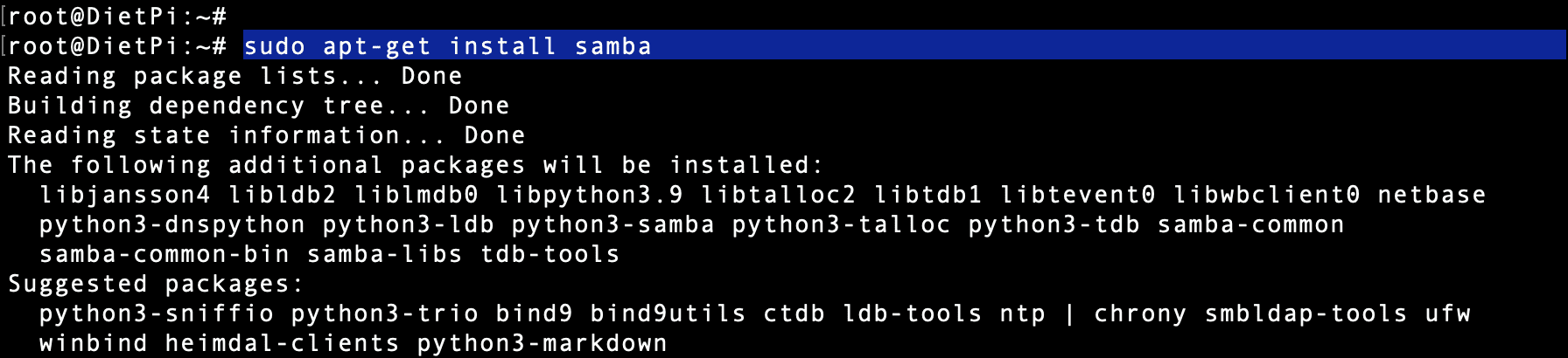 install samba with apt command